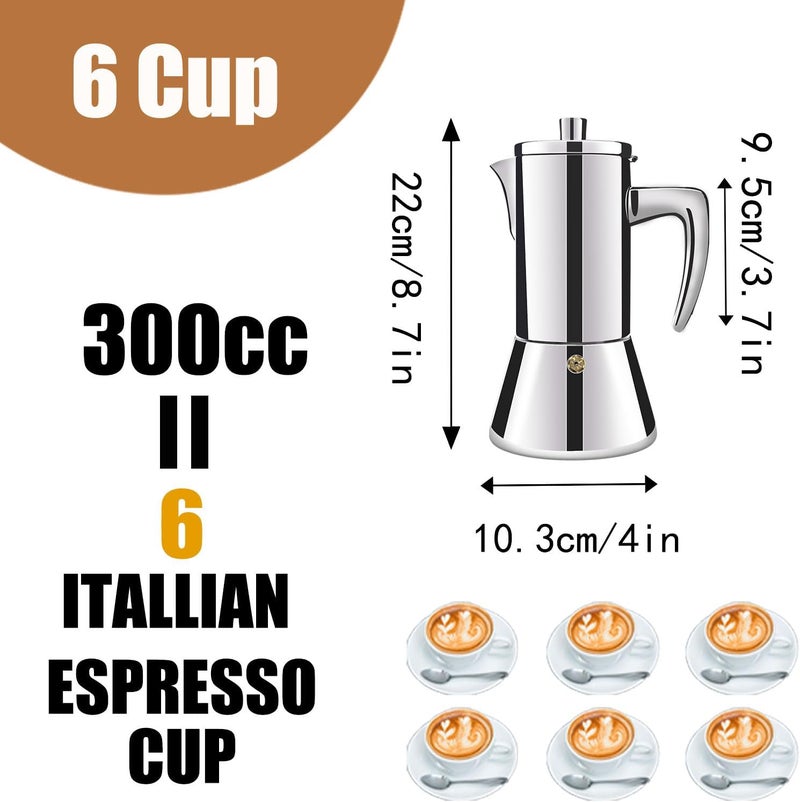 DITOSH 6 Cup Thickened 304 Stainless Steel Moka Pot Stovetop Espresso Maker Cafeteras Italian Percolator Espress Makers Capable Greca Mocha Coffee Machine for Induction Home and Camping 300ml 10oz - Image 2